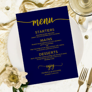 Menu Cardápio de casamento elegante dourado azul marinh