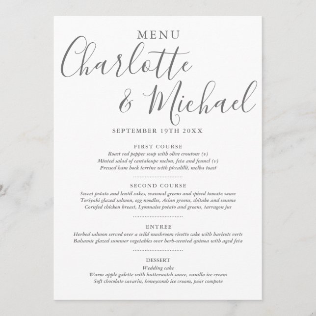 Menu Cardápio de Casamento Elegante em Cinza e Branco (Frente)