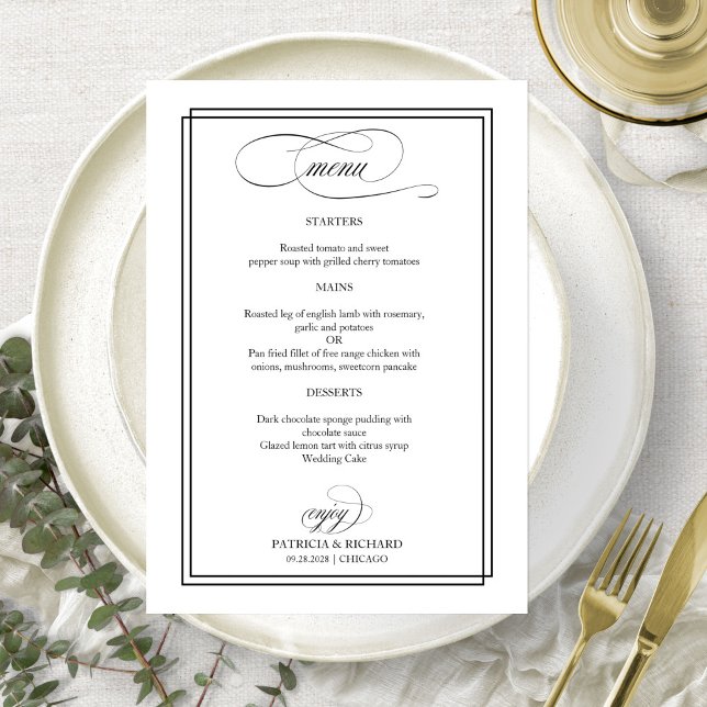 Menu Cardápio de Casamento Elegante Letra Preta (Criador carregado)