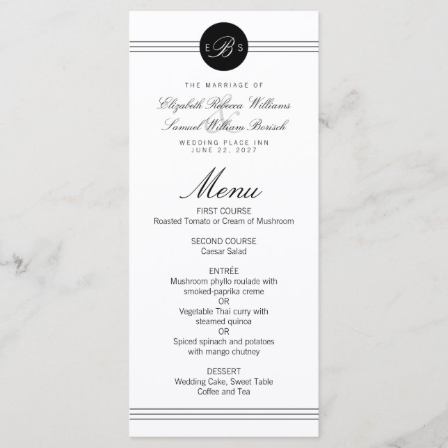 Menu Cardápio de Casamento Elegante Monograma Preto Pon (Frente)