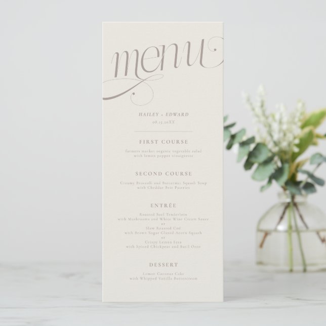 Menu Cardápio de Casamento Elegante Redemoinho Bege (Em pé/Frente)