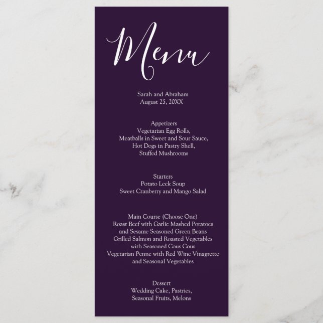Menu Cardápio de casamento elegante roxo e branco (Frente)