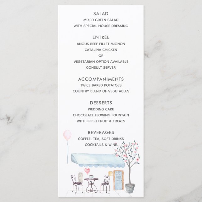 Menu Cardápio de Casamento em Aquarela Paris (Frente)