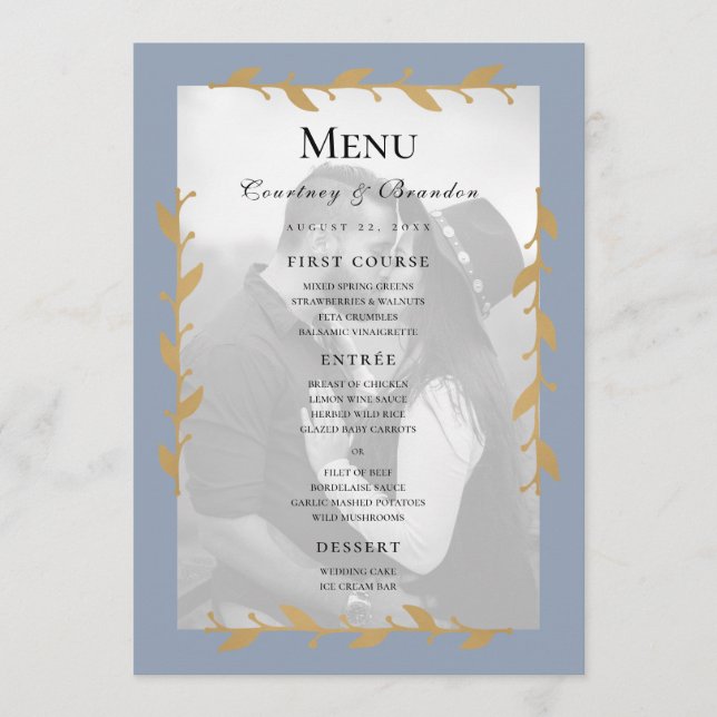 Menu Cardápio de Casamento em Azul Desbotado com Folhas (Frente)