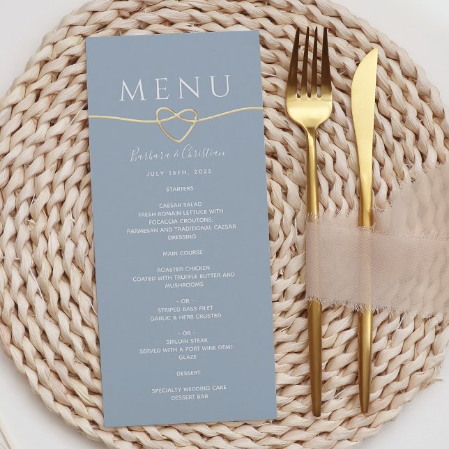 Menu Cardápio de Casamento em Azul Empoeirado com Coraç (Criador carregado)