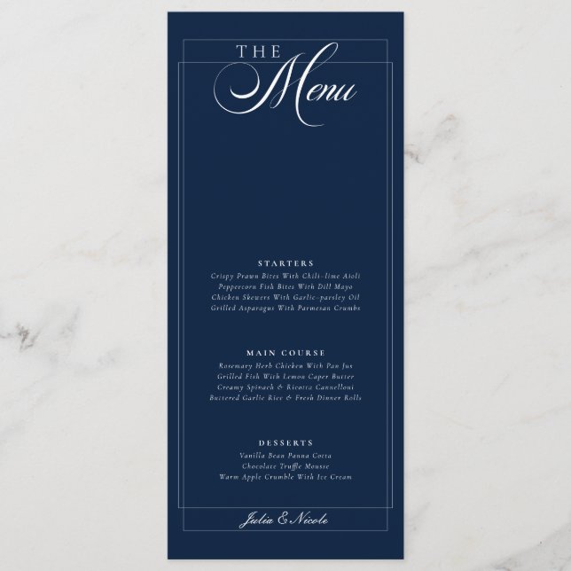 Menu Cardápio de Casamento em Azul Naval Clássico com C (Frente)