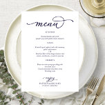 Menu Cardápio de casamento em azul naval elegante com l<br><div class="desc">Um cartão de menu de casamento com caligrafia simples e sofisticada. Ofereço um serviço gratuito de personalização; se tiver alguma dúvida ou pedido especial,  por favor,  não hesite em entrar em contato comigo.</div>