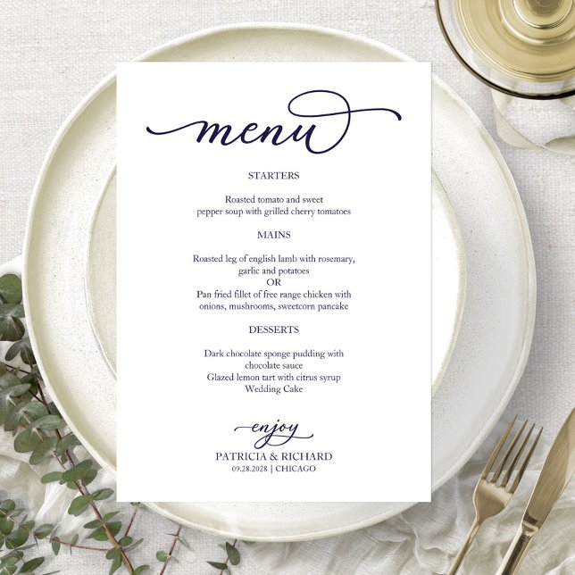Menu Cardápio de casamento em azul naval elegante com l (Criador carregado)