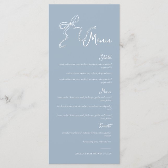 Menu Cardápio de Casamento em Azul Poeira com Arco Dese (Frente)