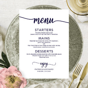 Menu Cardápio de Casamento em Caligrafia Azul Naval Ele