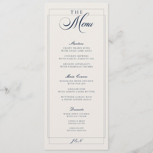 Menu Cardápio de Casamento em Caligrafia Azul Naval Mar (Frente)