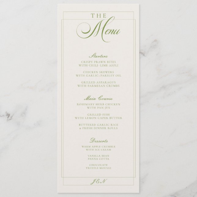 Menu Cardápio de Casamento em Caligrafia Verde Marfim C (Frente)