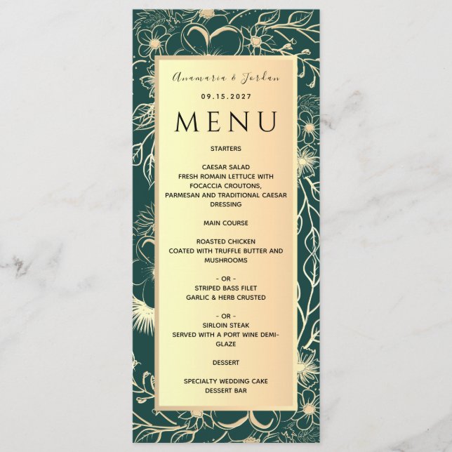 Menu Cardápio de Casamento em Folha de Ouro de Luxo (Frente)