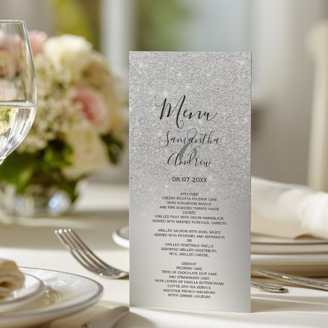 Menu Cardápio de casamento em folha metálica ombre glit (Silver glitter ombre metallic foil wedding menu)