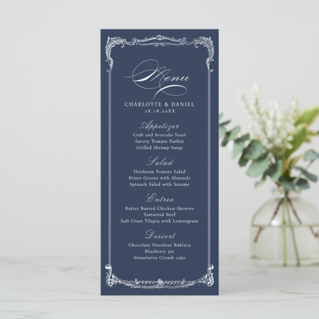 Menu Cardápio de Casamento em Letra Clássica com Moldur (Em pé/Frente)