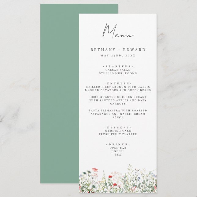 Menu Cardápio de Casamento em Prado de Flores Silvestre (Frente/Verso)