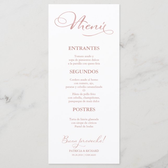 Menu Cardápio de Casamento em Rose Gold com Legenda em  (Frente)