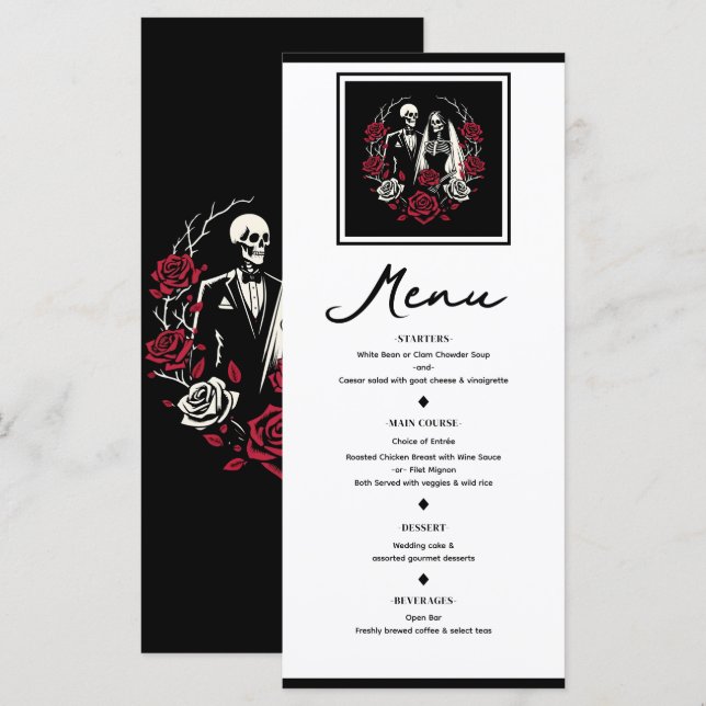 Menu Cardápio de Casamento Esqueleto Rosas Brancas e Pr (Frente/Verso)