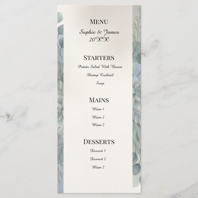 Menu Cardápio de Casamento Eucalipto Cinza Azul (Frente)