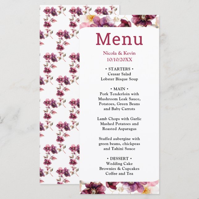 Menu Cardápio de Casamento Flor de Hellebore de Inverno (Frente/Verso)