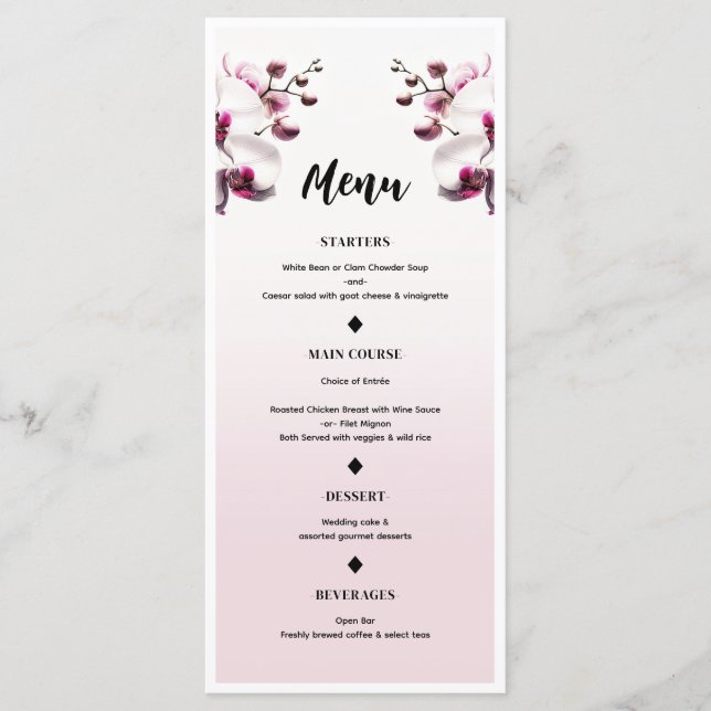 Menu Cardápio de Casamento Flor de Orquídea Rosa e Bran (Frente)