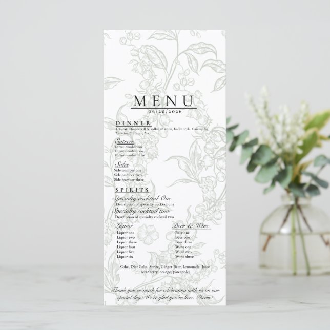 Menu Cardápio de Casamento Floral (Em pé/Frente)