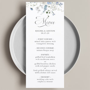 Menu Cardápio de casamento floral azul branco verde rom
