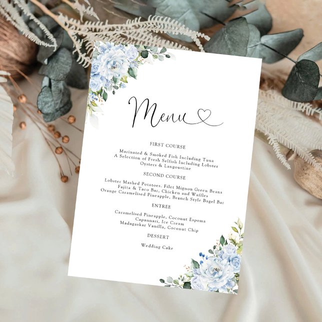 Menu Cardápio de Casamento Floral Azul Claro Romântico (Criador carregado)