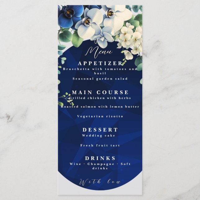 Menu Cardápio de Casamento Floral Azul Marinho (Frente)