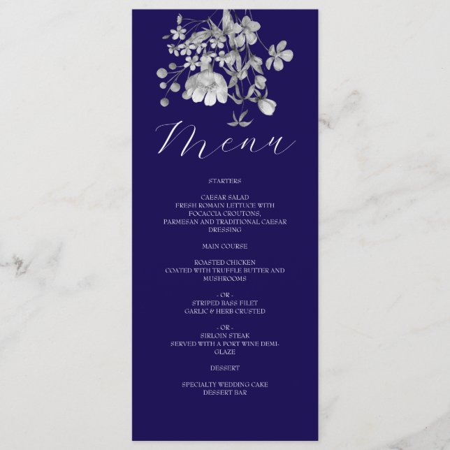 Menu Cardápio de Casamento Floral Azul Real (Frente)