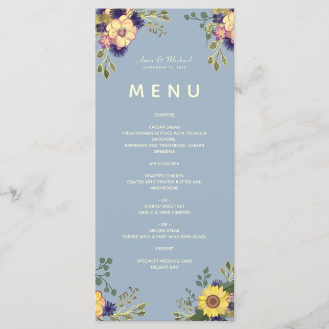 Menu Cardápio de Casamento Floral Boho Azul Poeirento (Frente)