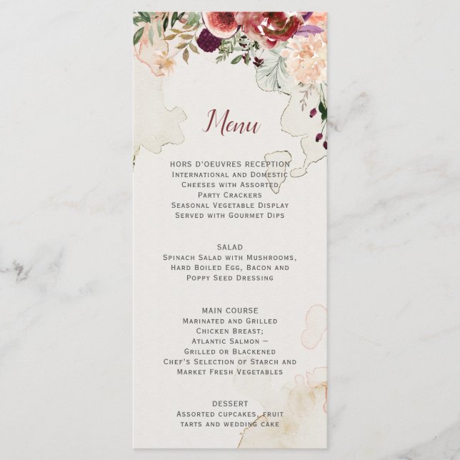 Menu Cardápio de Casamento Floral Boho de Aquarela de O (Frente)