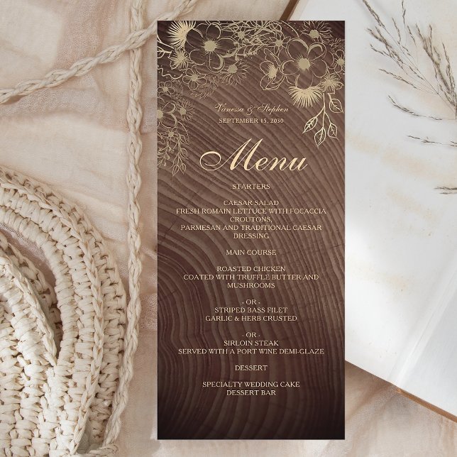 Menu Cardápio de Casamento Floral Boho em Madeira Rústi (Criador carregado)