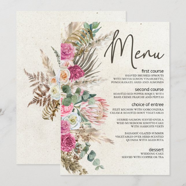 Menu Cardápio de Casamento Floral Boho Pastel Neutro (Frente/Verso)