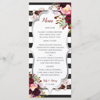 Menu Cardápio de Casamento Floral Borgonha Preto e Bran