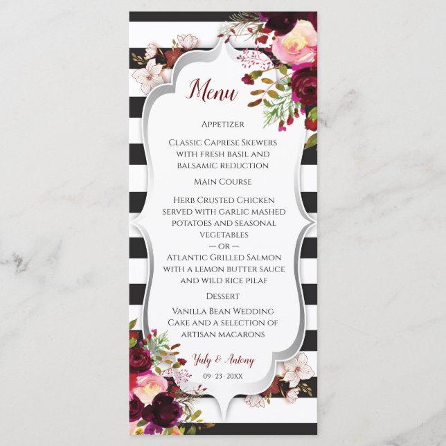 Menu Cardápio de Casamento Floral Borgonha Preto e Bran (Frente)