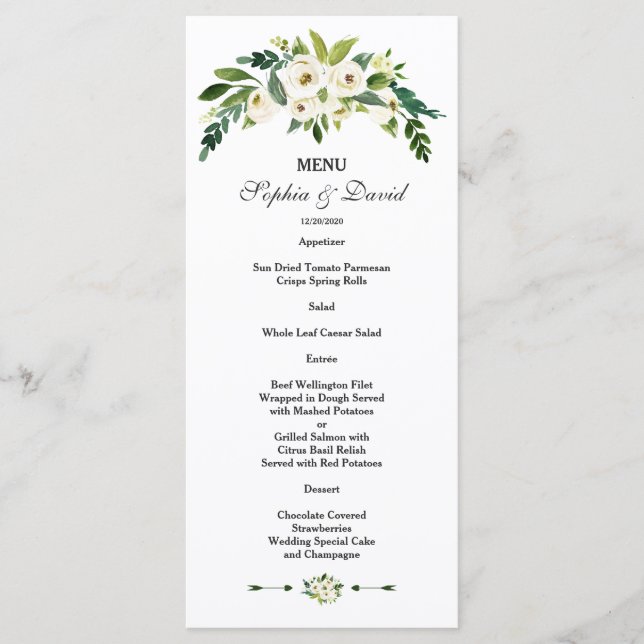 Menu Cardápio de Casamento Floral Branco Moderno (Frente)