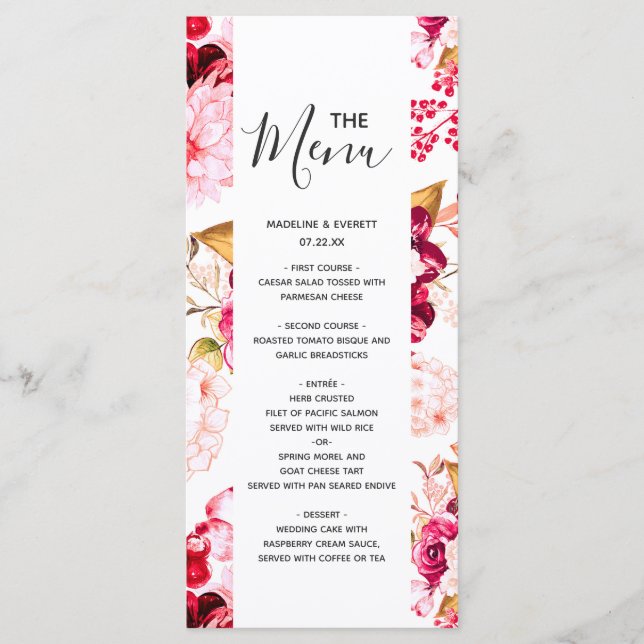 Menu Cardápio de Casamento Floral Burgundy Chic e Rosa  (Frente)
