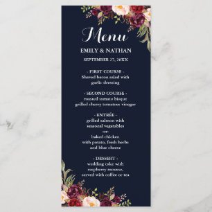 Menu Cardápio de Casamento Floral Burgundy Navy