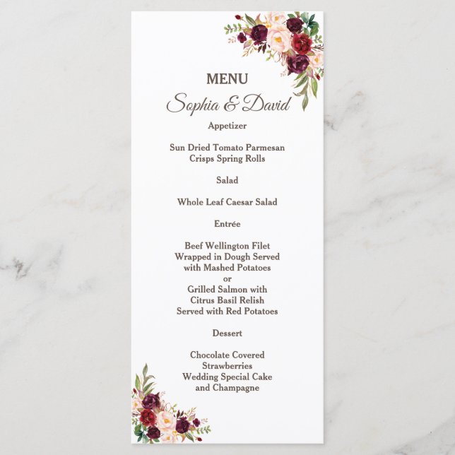Menu Cardápio de Casamento Floral Charm Burgundy Red Ma (Frente)