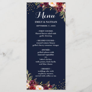 Menu Cardápio de Casamento Floral Confete Dourado Burgu