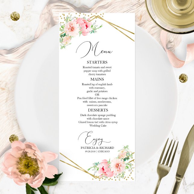 Menu Cardápio de Casamento Floral Cor-de-Rosa Geométric (Criador carregado)