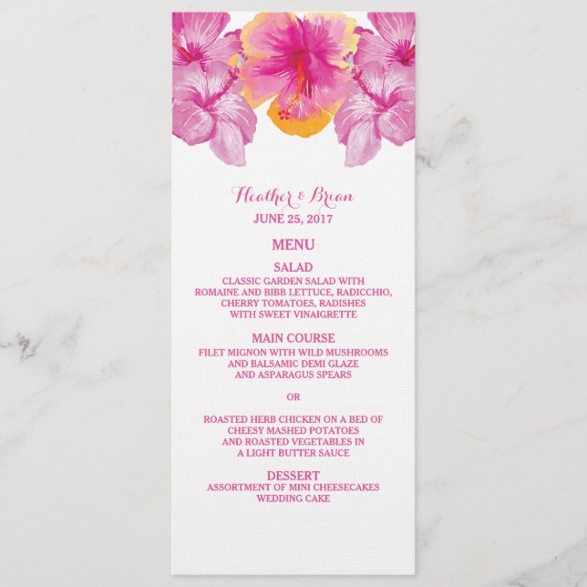 Menu Cardápio de casamento floral de hibisco escovado (Frente)