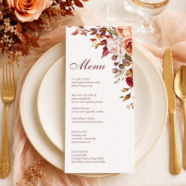 Menu Cardápio de Casamento Floral de Outono em Laranja  (Burnt Orange & Peach Autumn Floral Wedding Menu)