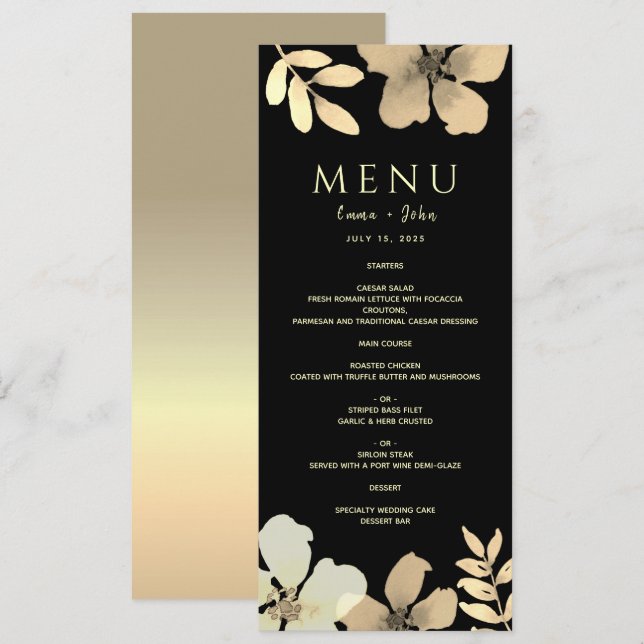 Menu Cardápio de Casamento Floral Dourado e Preto (Frente/Verso)