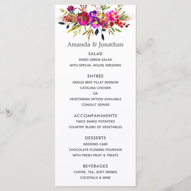 Menu Cardápio de Casamento Floral em Aquarela (Frente)