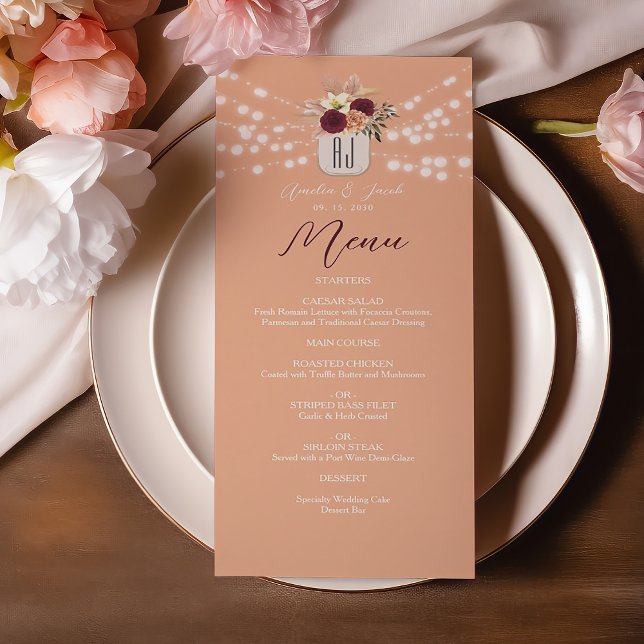 Menu Cardápio de Casamento Floral em Pote de Mason (Criador carregado)