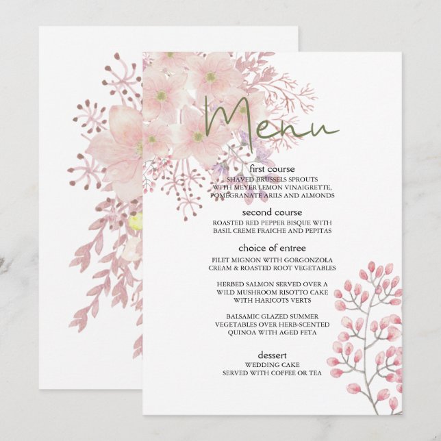 Menu Cardápio de Casamento Floral Magnólia Rosa (Frente/Verso)
