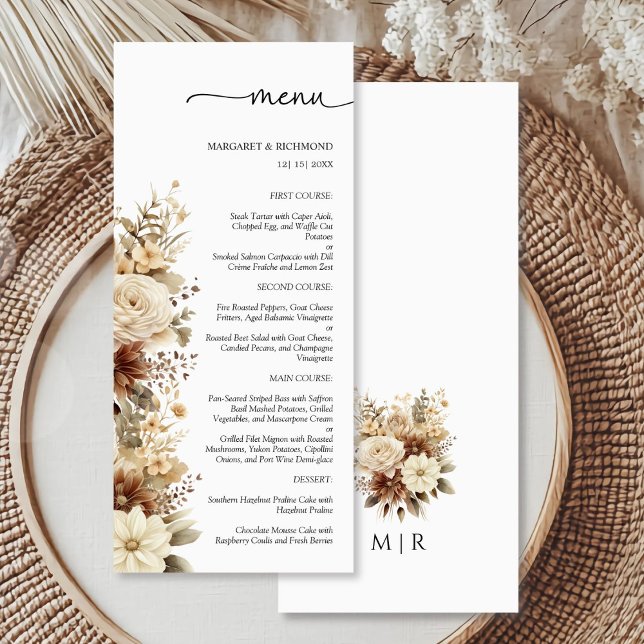 Menu Cardápio de Casamento Floral Neutro Boho Rústico (Criador carregado)