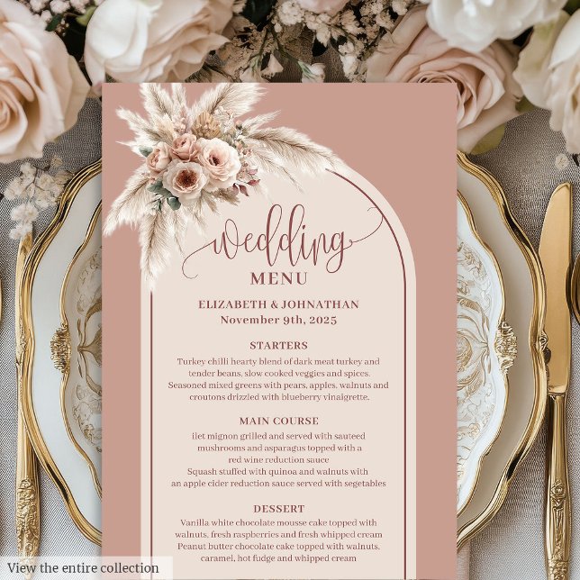 Menu Cardápio de Casamento Floral Pampas Rosa Pastel Ar (Formal Arch Pastel Pink Pampas Floral Wedding Menu)
